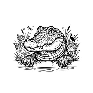 May include: A black and white line art illustration of an alligator resting its front claws on a riverbank. The scene includes stylized swamp vegetation, cattails, a dragonfly, and a bird silhouette in the background, rendered in a clean graphic style.