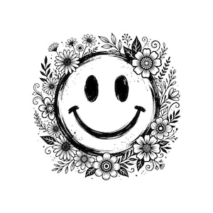 Op de afbeelding: Een zwart-witte grafische illustratie met een centraal smiley-icoon met twee ovale ogen en een gebogen mond, omringd door een dichte cirkelvormige opstelling van diverse gedetailleerde bloemen, bladeren en kleine takjes in een handgetekende stijl.