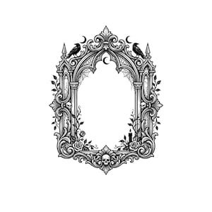 May include: A black and white illustration of an ornate, arched frame featuring gothic architectural details, two ravens, spiderwebs, skulls, roses, and crescent moons. The intricate design includes scrolling foliage and a central pointed arch.