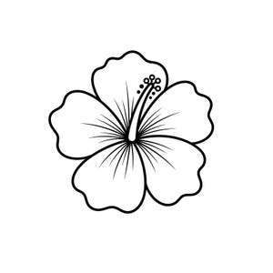 May include: A monochrome line drawing of a hibiscus flower. The flower has five large, rounded petals with wavy edges. The centre features a long pistil with a cluster of stamens. The petals have detailed lines radiating from the centre.