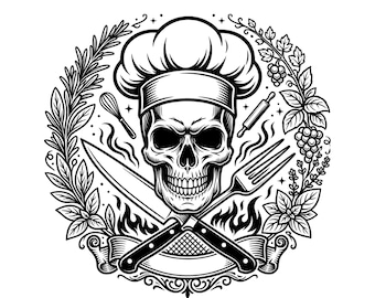 Tête de mort chef cuisinier SVG PNG | Conception de cuisine culinaire de maître Grill | Fichier de coupe Cricut