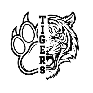 May include: Black and white graphic of a tiger's face and paw print. The word "TIGERS" is vertically stacked between the paw and the tiger's face. The tiger is roaring, with detailed stripes and facial features.