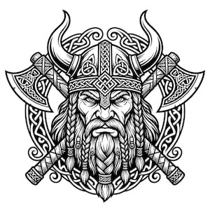 Pode incluir: Ilustração a preto e branco de um guerreiro viking com um capacete com chifres, barba longa trançada e machados cruzados. O design apresenta intrincados nós celtas em torno do rosto do guerreiro e dos machados.