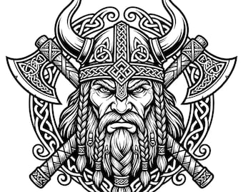 Tête de Viking PNG SVG | Crâne viking avec haches croisées | Guerrier nordique | Fichier de coupe Cricut | Clipart Viking | 300 ppp transparents