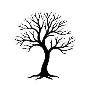 May include: A black silhouette of a tree with bare branches against a white background. The tree has a thick trunk that curves slightly, with roots extending at the base. The branches reach out in various directions.
