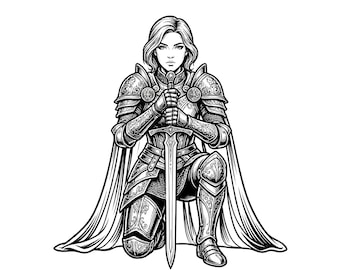Femme chevalier à genoux SVG PNG | Conception médiévale fantastique de guerrier | Fichier de coupe Cricut