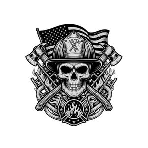 Può includere: Un'illustrazione grafica in bianco e nero raffigurante un teschio umano che indossa un casco da vigile del fuoco. Dietro il teschio ci sono due asce incrociate, una scala e una bandiera americana sventolante. Un emblema circolare con fiamme si trova alla base.