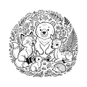 May include: A black and white illustration of woodland animals, including a bear, fox, deer, rabbit, and hedgehog, surrounded by leaves and flowers. The animals are smiling and appear friendly, creating a whimsical forest scene.