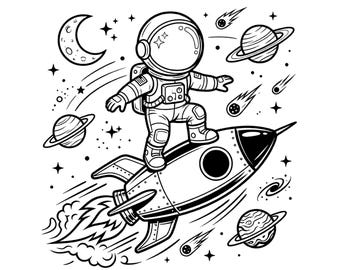 Astronaute sur fusée SVG PNG | Dessin animé mignon d'explorateur de l'espace | Fichier de coupe Cricut