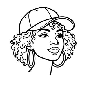 Puede incluir: Ilustración en blanco y negro de una persona con cabello rizado, gorra de béisbol y aros grandes. La persona mira hacia un lado, con una expresión neutra. La imagen es un diseño gráfico simple.