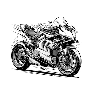 Pode incluir: Uma ilustração gráfica a preto e branco de uma mota desportiva em movimento. O design apresenta linhas nítidas, componentes do motor detalhados, uma carenagem frontal proeminente e faixas de velocidade estilizadas que enfatizam o movimento.
