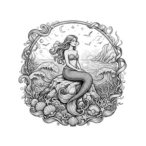 May include: A black and white line art illustration of a mermaid sitting on a rock. The scene includes crashing waves, coral, seashells, and a coastal landscape with a sun and moon in the sky, all enclosed within a decorative circular frame.