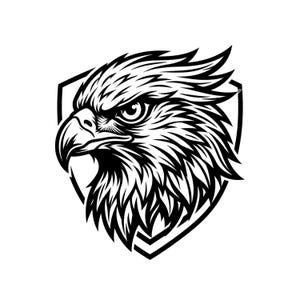 May include: A black and white illustration of an eagle's head, facing left, within a shield-shaped frame. The eagle has detailed feathers and a sharp beak, conveying a sense of strength and focus. The design is suitable for logos or emblems.