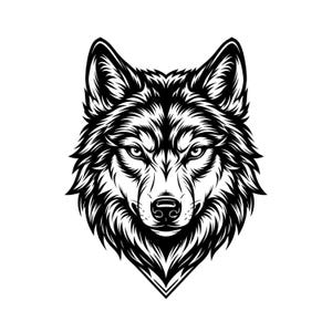 May include: A black and white graphic illustration of a wolf head facing forward. The design features detailed fur textures, pointed ears, and sharp eyes, rendered with high-contrast lines to create a bold, symmetrical, and clean visual representation.