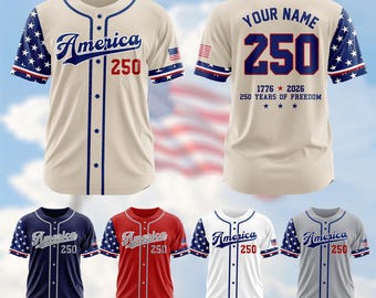 Camisa personalizada America 250, camisa de beisebol para o 4 de julho, camisa patriótica dos EUA, uniforme personalizado com nome e número para o Dia da Independência.