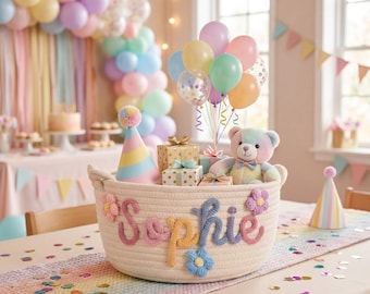 Personalized Baby Girl Gift Basket, Custom Name Cotton Rope Nursery Basket, Baby Shower Gift, Pink Yarn Name, Handmade Newborn Gift