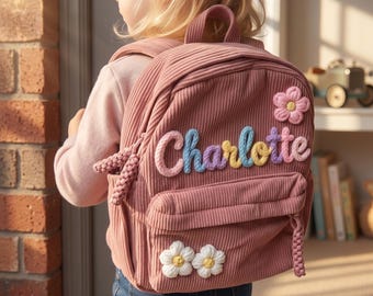 Personalisierte Kleinkind Rucksack benutzerdefinierte Name Kinder Cord Schultasche 3D Garn Buchstaben Vorschule Geschenk Jungen Mädchen zwei Größen