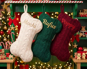 Personalized Dog Bone Christmas Stocking, Handmade Pet Stocking With Embroidered Name, Custom Dog Holiday Decor Gift for Pets