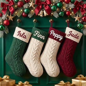 May include: Four cable-knit Christmas stockings hanging in a row. The first is dark green with a cream cuff reading Isla, the second is cream with a dark green cuff reading Finn, the third is cream with a dark red cuff reading Poppy, and the fourth is dark red with a cream cuff reading Jude.