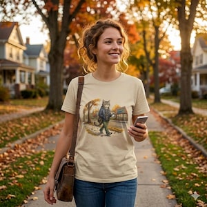May include: Beige t-shirt featuring a cat illustration walking on a sidewalk, holding a coffee cup. The cat is wearing a jacket and pants. The background shows a street with trees and a building. The person in the image is wearing blue jeans and a brown leather bag.