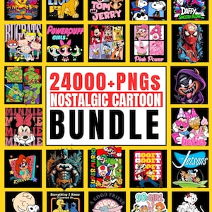 Könnte beinhalten: Ein Raster von Cartoon-Charakter-Grafiken, darunter Snoopy, Tom und Jerry und die Powerpuff Girls. Der zentrale Text lautet "24000+ PNGs Nostalgic Cartoon Bundle".