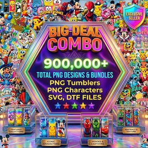 Könnte beinhalten: Ein farbenfrohes Grafikdesign mit einem "BIG DEAL COMBO" und "900.000+" PNG-Designs und -Paketen. Das Bild zeigt PNG-Becher, Charaktere und SVG/DTF-Dateien. Vorgestellte Sammlungen, ikonische Charaktere, Helden und Cartoons.