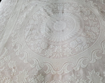 VTG Bates Queen Elizabeth Bedspread Pink Cream Fringe Made in USA 90x112 1970s