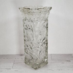 Antique McKee Innovation Pressed Cut Glass Vase Clear Floral Square 1916