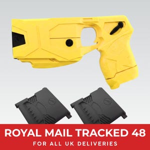 May include: A bright yellow handheld electronic device with a black trigger and a black circular button on the side, accompanied by two separate black rectangular cartridges featuring a circular logo, all displayed against a plain background.