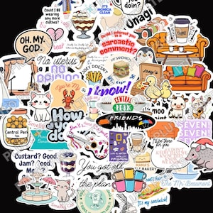 May include: A selection of vibrant stickers with diverse designs and text. The stickers showcase images of food, animals, musical instruments, and quotes from the TV show Friends. The stickers are set against a black backdrop.