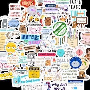 May include: A collection of colourful vinyl stickers featuring various humorous office-themed illustrations, cartoon animals, and witty text phrases like Not My Circus Not My Monkeys, Nobody Cares, and Professional Survivor on a black background.
