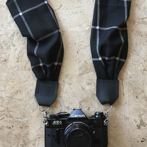 Silky Black Plaid Scarf Camera Strap, Cross Body Strap, Silver Clasps or Nylon Ends, Customizable Camera Strap