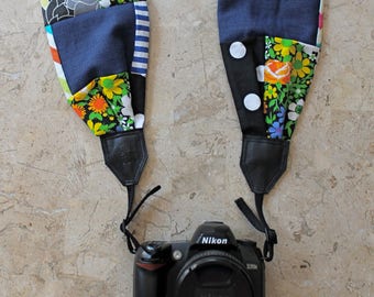 Bloemen + stippen patchwork sjaal camera riem, Cross Body Strap, zilveren gespen of nylon uiteinden, aanpasbare camera riem