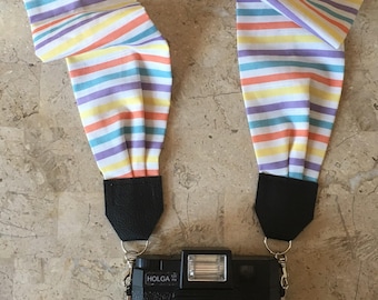 SALE - Retro Stripe Scarf Camera Strap, Cross Body Strap, Silver Clasps or Nylon Ends, Customizable Camera Strap