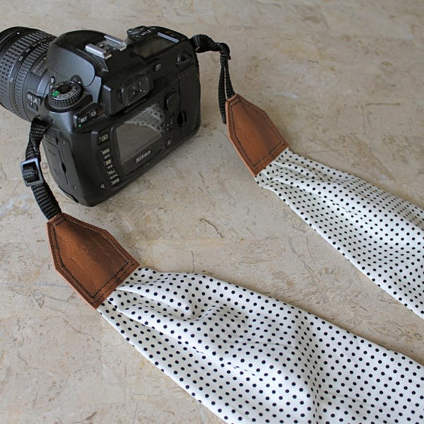 BEST SELLER - Little Dots Scarf Camera Strap, Cross Body Strap, Silver Clasps or Nylon Ends, Customizable Camera Strap