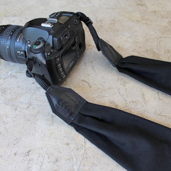 BEST SELLER - Solid Black Scarf Camera Strap, Cross Body Strap, Silver Clasps or Nylon Ends, Customizable Camera Strap