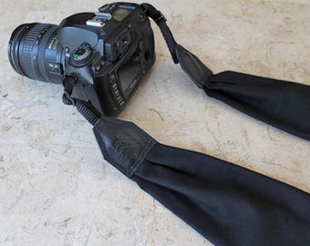 BEST SELLER - Solid Black Scarf Camera Strap, Cross Body Strap, Silver Clasps or Nylon Ends, Customizable Camera Strap