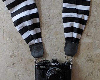 Black + White Stripe Scarf Camera Strap, Cross Body Strap, Silver Clasps or Nylon Ends, Customizable Camera Strap