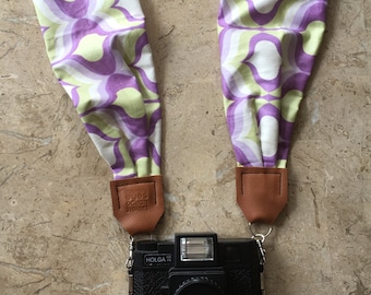 SALE - Green + Purple Design Scarf Camera Strap, Cross Body Strap, Silver Clasps or Nylon Ends, Customizable Camera Strap