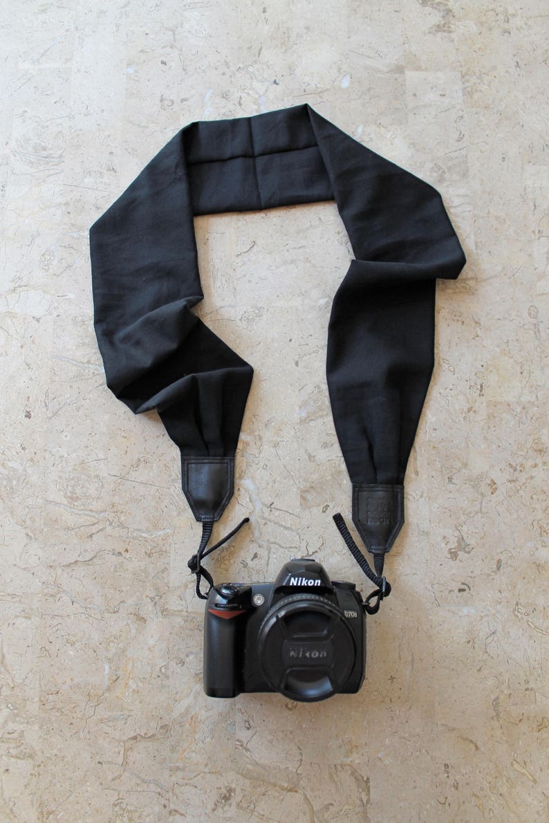 BEST SELLER Solid Black Scarf Camera Strap, Cross Body Strap, Silver Clasps or Nylon Ends, Customizable Camera Strap image 2