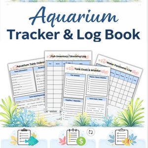 Könnte beinhalten: Ein "Aquarium Tracker & Logbuch" mit Illustrationen von bunten Fischen. Das Buch enthält Abschnitte zur Verfolgung von Wasser und Fischpflege, zum Protokollieren von Einkäufen und zur Planung von Zielen und Upgrades.