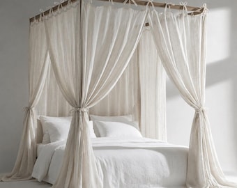 Linen Canopy Bed Curtains, Four Poster Bed Drapes, Semi Sheer Linen Panels, Boho Bedroom Decor, Cottagecore Bed Canopy, Custom Size