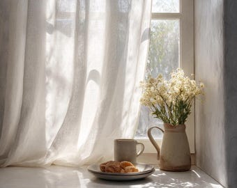 Custom European Linen Curtains, Light Filtering Drapes, Rod Pocket Back Tab Grommet