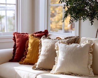 Ruffle Linen Pillow Cover, Organic European Linen, Farmhouse Cottagecore Decor