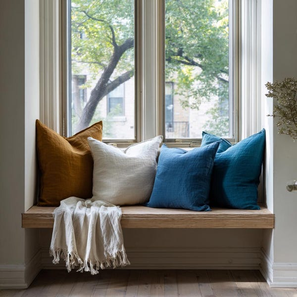 May include: A window seat with four linen throw pillows in shades of gold, white, and blue. A cream-colored fringed throw blanket rests on the wooden bench. The window offers a view of green trees and buildings.