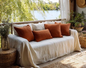Washed Linen Couch Cover Throw, Farmhouse Sofa Protector, Boho Neutral Blanket Decor