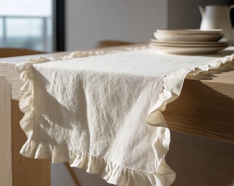 Ruffled European Linen Table Runner, Farmhouse Cottagecore Dining Decor