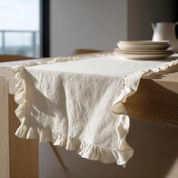 Ruffled European Linen Table Runner, Farmhouse Cottagecore Dining Decor