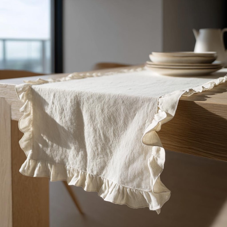 May include: Cream linen table runner with a ruffled trim. The runner is laid on a wooden table, with plates and a jug visible in the background. This runner adds a touch of elegance to a dining table setting.