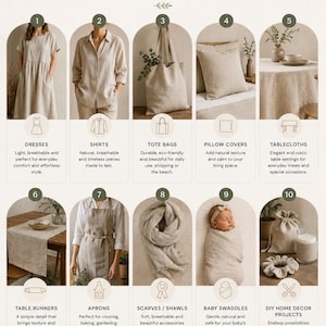 May include: An infographic titled 10 Most Popular Things You Can Make with Linen, featuring ten numbered sections displaying items like dresses, shirts, tote bags, pillow covers, tablecloths, table runners, aprons, scarves, baby swaddles, and home decor.